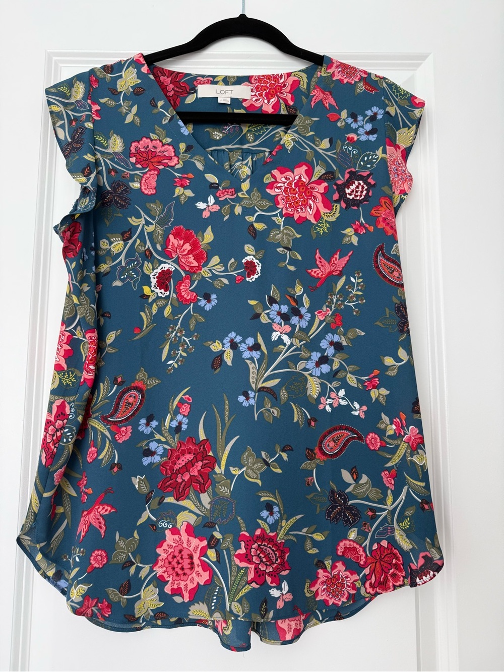 LOFT Teal Floral Cap-Sleeve V-Notch Blouse